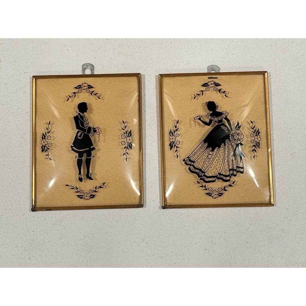 VTG Pair Of Reverse Painted Silhouette On Convex Bubble Glass Framed Set Of 2